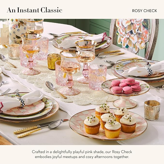 MACKENZIE-CHILDS Enamel Pedestal Platter, Round Cake Stand, Mini, Pink-and-White Rosy Check