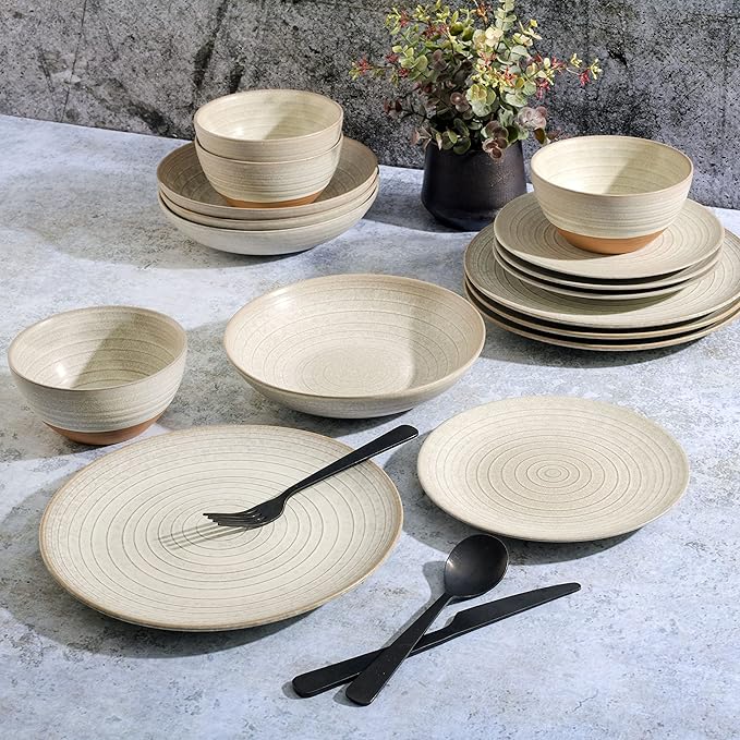 Gibson Elite 16 Piece Dreamweaver Double Bowl Terracotta Reactive Dinnerware Set - Sand Cream, Service for 4 (16pcs)