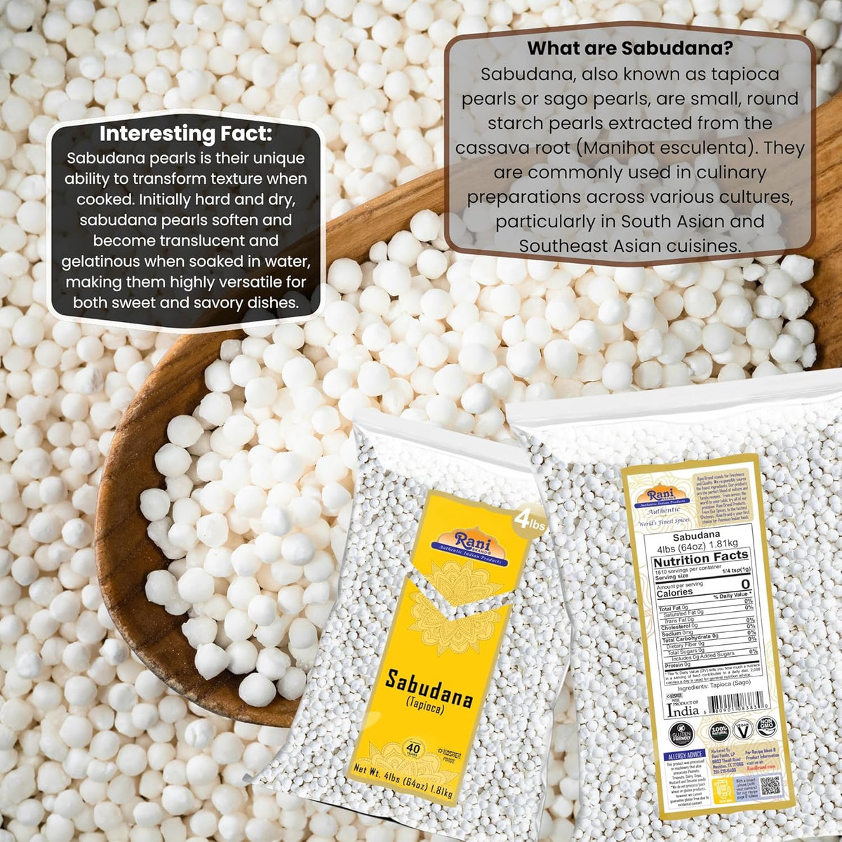 Rani Sabudana (Tapioca/Sago) Pearls 64oz (4lbs) 1.81kg Bulk ~ All Natural | Vegan | No Colors | NON-GMO | Indian Origin