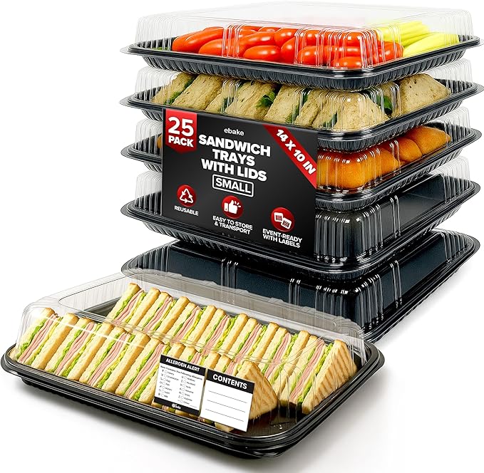 25 Pack Catering Trays with Lids – 13" Serving Tray with Lid, Heavy Duty Recyclable Plastic Party Platters for Catering, Buffet, Picnics & Events – Food Trays with Clear Lid (13.39 × 9.84 × 2.95 inch)