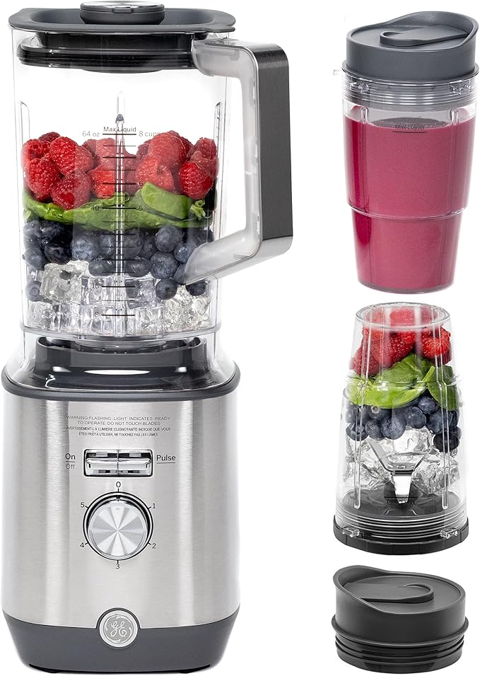GE 5-Speed Blender + (2) 16 Ounce Blender Cups | Kitchen Essentials for Shakes, Smoothies & More | Large 64 oz Tritan Jar, 8-10 Servings | Stainless Steel Blades & Exterior Finish| 1000 Watts