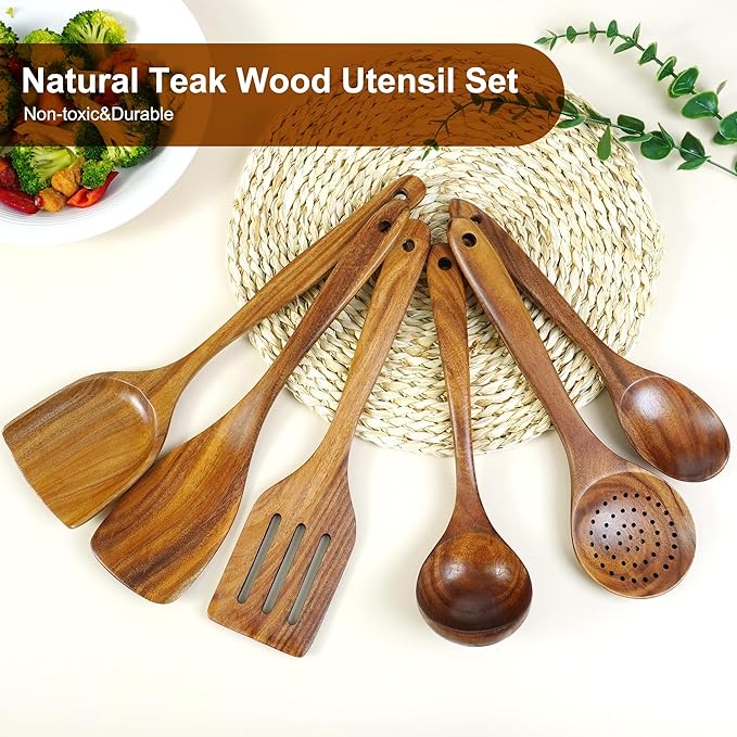 FJNATINH 6 PCS Teak Wooden Cooking Kitchen Utensils Set, Large Wooden Spoons for Cooking Mixing Baking, Non-stick Kitchen Utensils Set Gifts for Women Housewarming Gifts