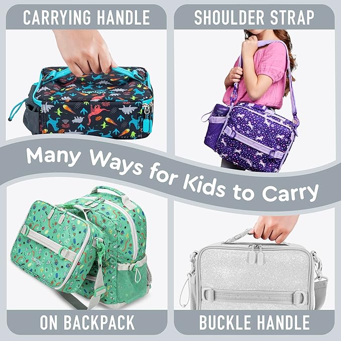 Bentgo Kids Lunch Bag - Double-Insulated, Reusable Lunch Bag for Kids 3+ with Adjustable Strap; Holds Lunch Box/Water Bottle/Snacks; Easy-Clean, Water-Resistant & Pockets (Glitter Edition - Silver)