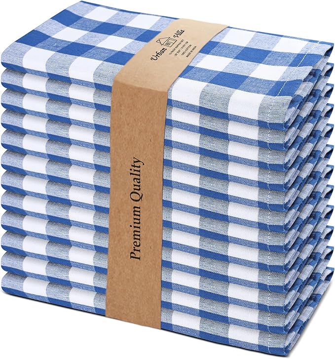 Urban Villa Cloth Napkins 100% Cotton Dinner Napkins Highly Absorbent 20x20 Inches (Set of 12) Blue White Buffalo Checks Reusable Washable Soft Durable Premium Napkins Ideal for Home Wedding Parties