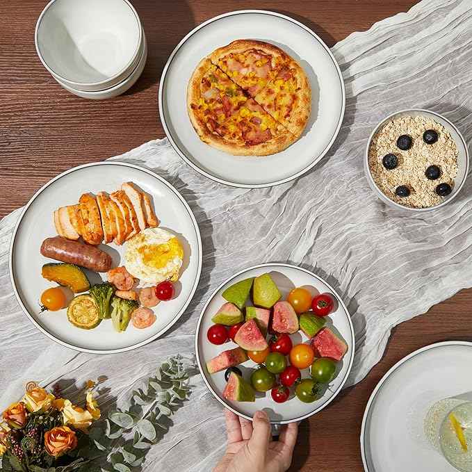 18 Piece White Stoneware Dinnerware Set for 6, Santorini Mist Terracotta Plates and Bowls with Reactive Glaze, Microwave & Dishwasher Safe, Aesthetic Ceramic Dishes for Family Meals & Hosting