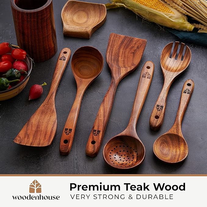 Wooden Utensil Set 8 Pcs – Sturdy & Easy to Clean, Natural Teak Wooden Spoons for Cooking – Non-Scratch Cooking Utensils with Spatula, Turner, Ladle, Spoons, Skimmer, Holder, Spoon Rest & 6 Hooks