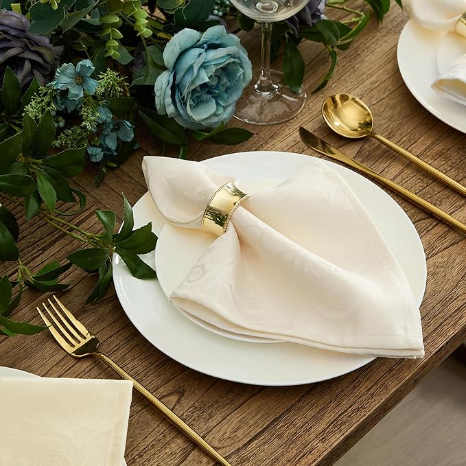 Newbridge Barcelona Luxury Damask Fabric Napkins, Set of 4 Square Napkins, Antique White, 100% Polyester, No Iron, Soil Resistant Dining Room, Party and Banquet Napkins