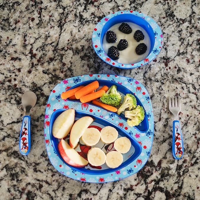 The First Years Spidey and His Amazing Friends Toddler Dinnerware Set - Toddler Plates and Toddler Utensils - Dishwasher Safe Toddler Feeding Supplies and Kids Utensils - 4 Count
