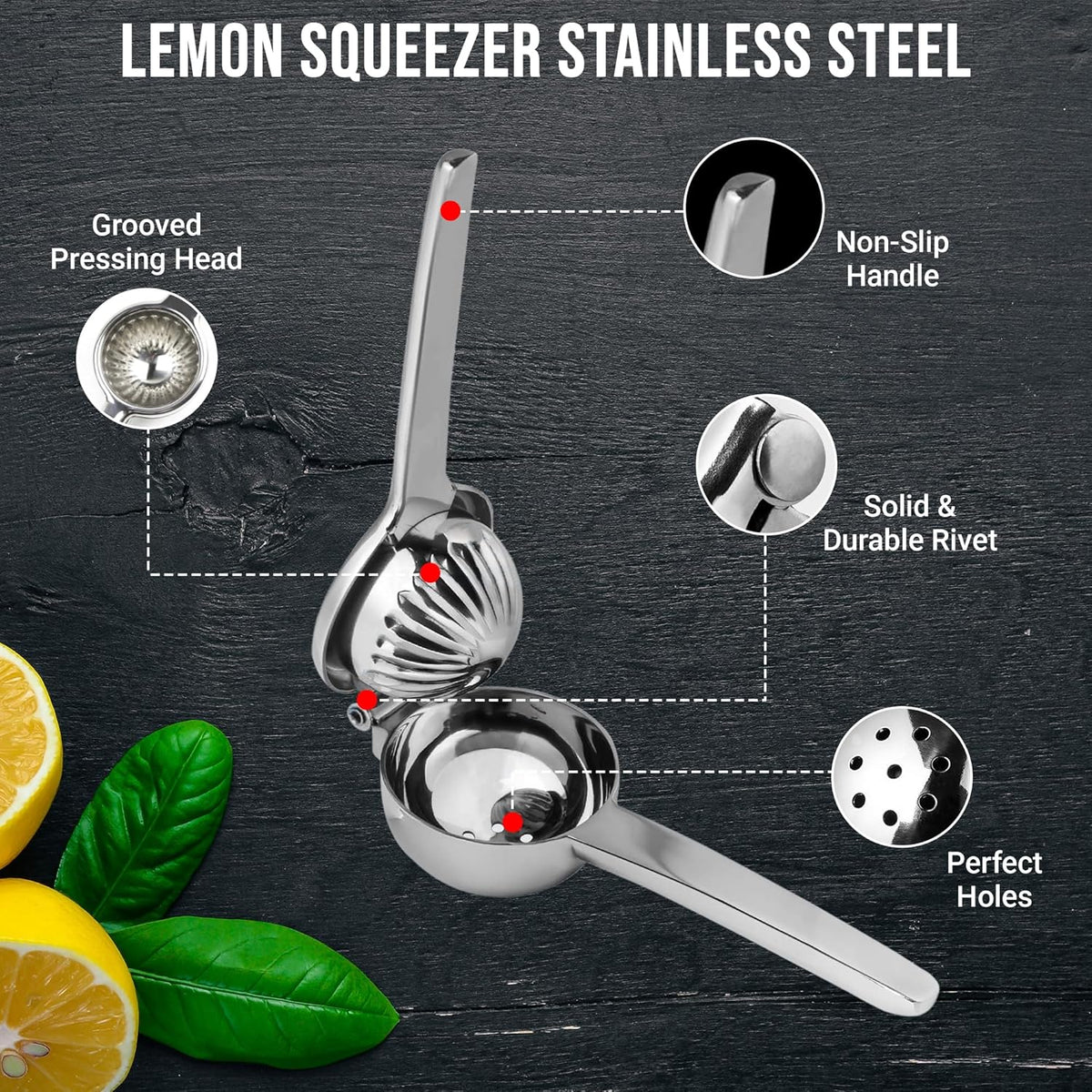 Handheld Lemon Squeezer Stainless Steel – Heavy Duty Manual Citrus Juicer for Lemon, Lime & Small Oranges – Rustproof Lemon Lime Squeezer Stainless Steel with Polished Finish & Ergonomic Grip