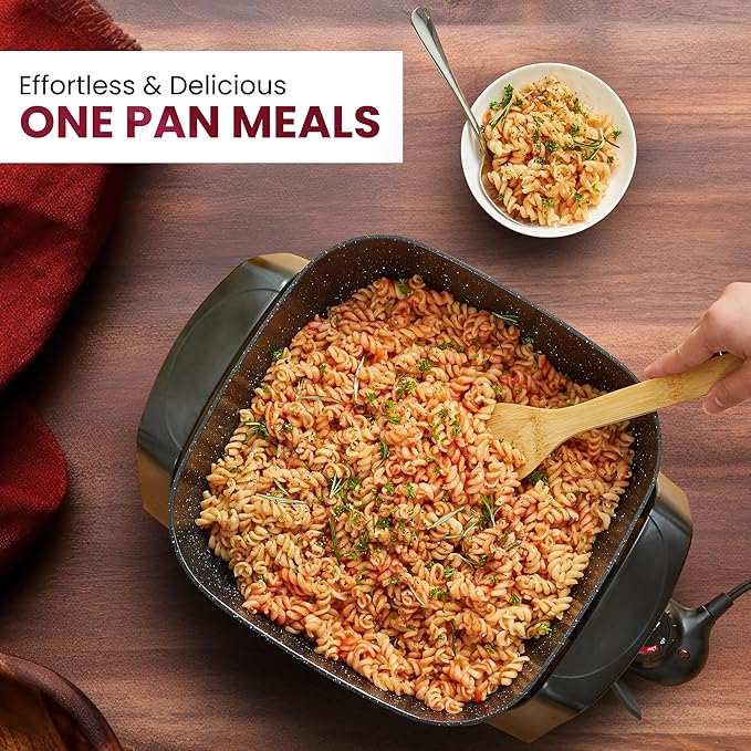 Elite Gourmet EG6201 Extra Deep 12"x12"x3.2" (7.5Qt.) Scratch Resistant Dishwasher Safe, Non-stick Electric Skillet with Glass Vented Lid, Adjustable Temperature, Black