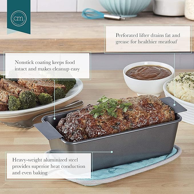 Chicago Metallic 2-Piece Healthy Meatloaf Pan with Draining Insert Professional Grade Non-Stick Carbon Steel Baking Pan with Lift and Serve Feature, 12.2 inch, Grey
