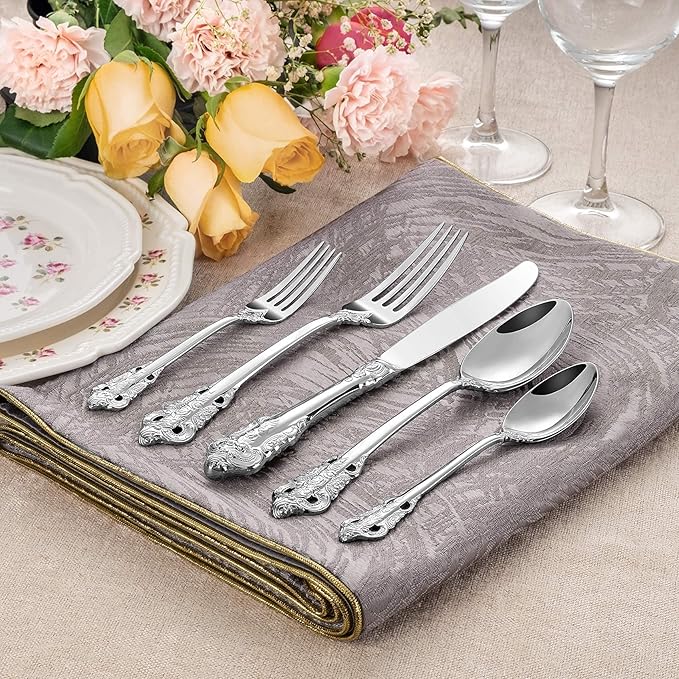 KEAWELL Luxury 20 Pieces 18/10 Stainless Steel Flatware set, Service for 4, silver plated with gold accents, Fine Silverware set and Dishwasher Safe (Silver)