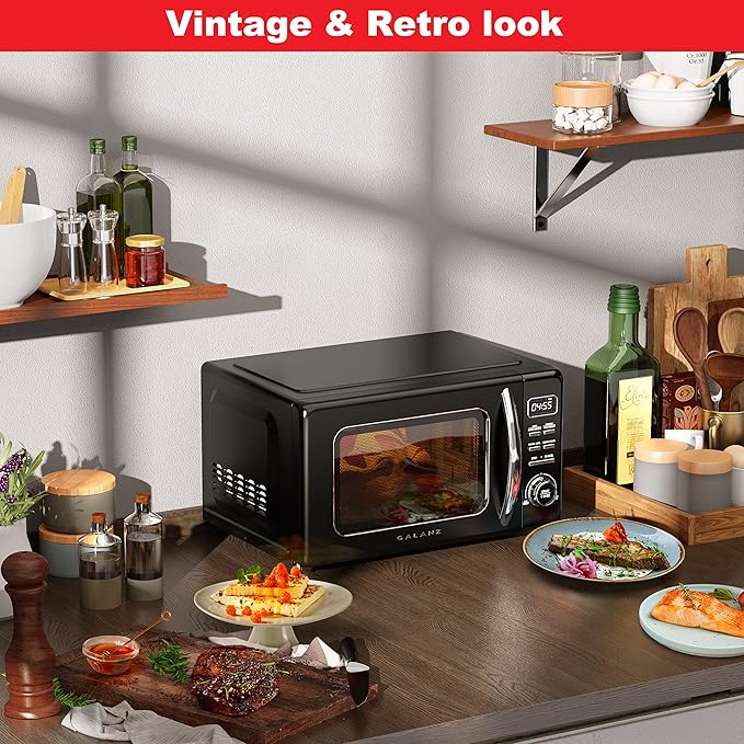 Galanz GLCMKZ09BKR09 Retro Countertop Microwave Oven with Auto Cook & Reheat, Defrost, Quick Start Functions, Easy Clean with Glass Turntable, Pull Handle, 0.9 cu ft, Black