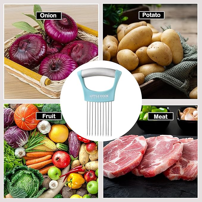 Onion Slicer Cutter, Little Cook Stainless Steel Onion Holder for Slicing and Storage of Onions, Avocados, tomato, Eggs, Dishwasher Safe, Protective Cover Included (Stylish Peapock blue)