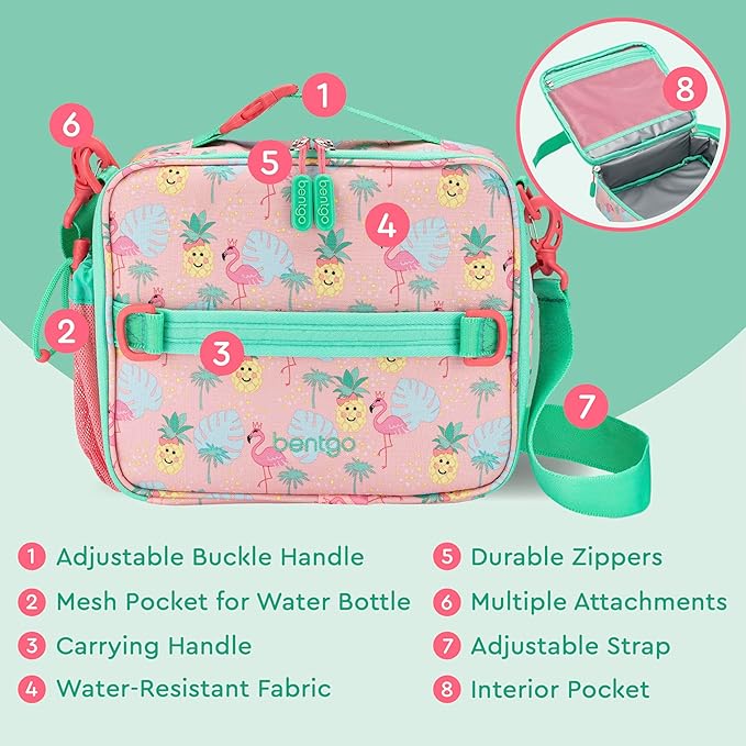 Bentgo Kids Lunch Bag - Durable, Double-Insulated Lunch Bag for Kids 3+; Holds Lunch Box, Water Bottle, & Snacks; Easy-Clean Water-Resistant Fabric & Multiple Zippered Pockets (Tropical)
