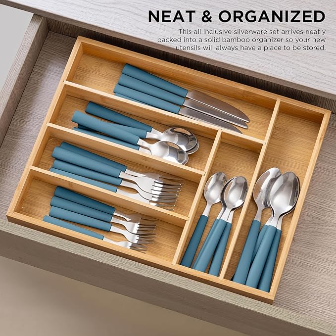 COOK WITH COLOR Bamboo Kitchen Utensil Set with Drawer Organizer | Cooking Tools and Storage Caddy, Blue, 25 Piece Cutlery Set