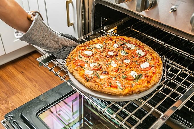 Cuzi Gourmet 4-Piece Large Pizza Stone Set - 13" Thermal Shock Resistant Cordierite Pizza Stone with Handle Rack, 19" Natural Bamboo Pizza Peel & Pizza Cutter - Large Baking Stone for Grill and Oven