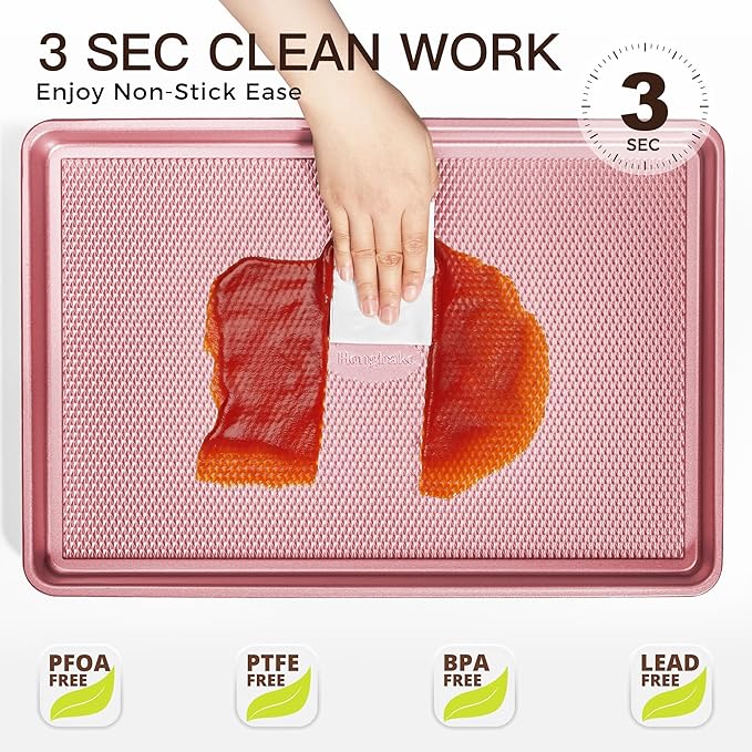 HONGBAKE Baking Sheet Pan Set, Cookie Sheets for Oven, Nonstick Half/Quarter/Jelly Roll Pans with Diamond Texture Pattern, Heavy Duty Cookie Tray, Pink