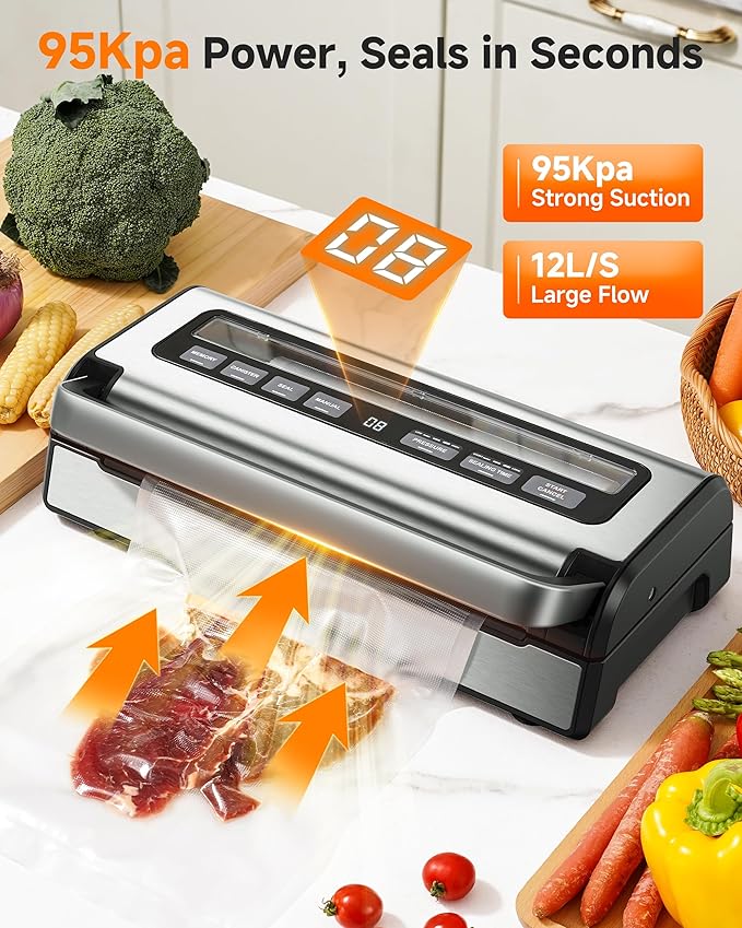95KPa Automatic Vacuum Sealer, 9-in-1 Food Sealer for Dry/Moist/Liquid Foods, Double Heat Seal & Pump, Includes Bag Rolls & Hose, Built-in Cutter, Stainless Steel