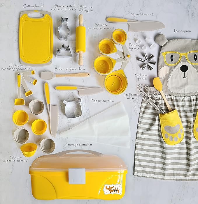 Kids Baking Set 35-Piece with Teddy Bear Apron, Kid Friendly Knives, Cookie Cutters, Rolling Pin, Cutting Board, Whisk, Real Silicone Kitchen Accessories for Cooking and More from Baker Buddy