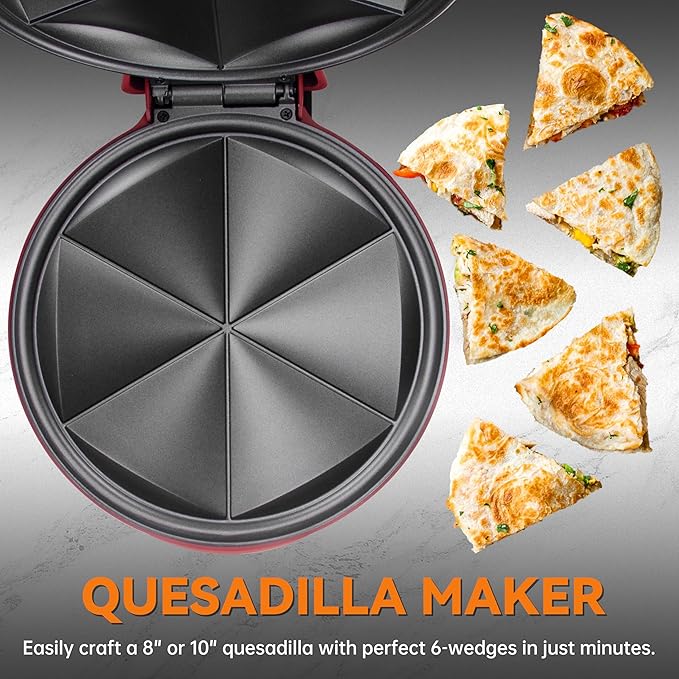 Baker's Friend Electric Quesadilla Maker with Extra Stuffing Design, 9.5 Inch with Easy Slice 6 Wedge, Non Stick Surface, Non-Slip Feet, Grilled Cheese Maker Machine, Red