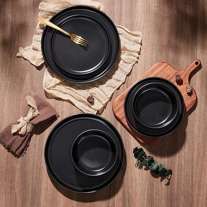 E-far Stoneware Dinnerware Sets for 6, 18-Piece Plates and Bowls Set, Modern Ceramic Dishes Dinning Ware, Microwave & Dishwasher Safe - Matte Black