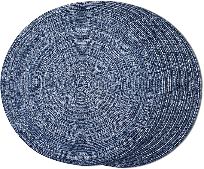 FunWheat Round Braided Placemats Set of 6 Place mats for Dining Tables Woven Heat Resistant Table Mats 15 inch (Blue)