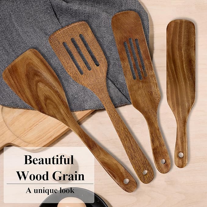 Wooden Spatula, Heat Resistant Cooking Wood Spatulas Spurtles for Non Stick Cookware Kitchen Use, Handmade Non Toxic Teak Wooden Cooking Utensil Spurtle Set for Cast Iron Baking Flipping, 4 Piece