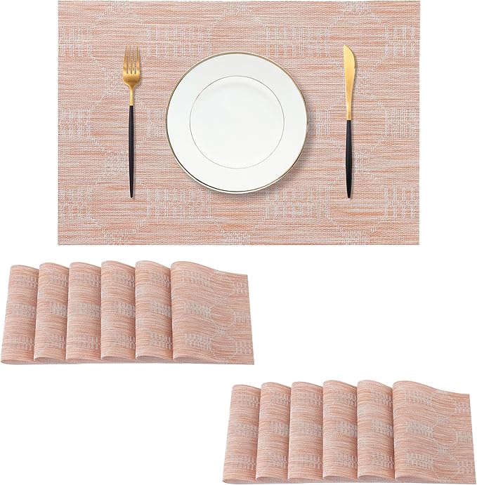 Leetaltree Coral Placemats Set of 12 - Heat Resistant Non-Slip Place mats for Dining Table, Washable Durable PVC Vinyl Woven Table Mats（Coral, 12）
