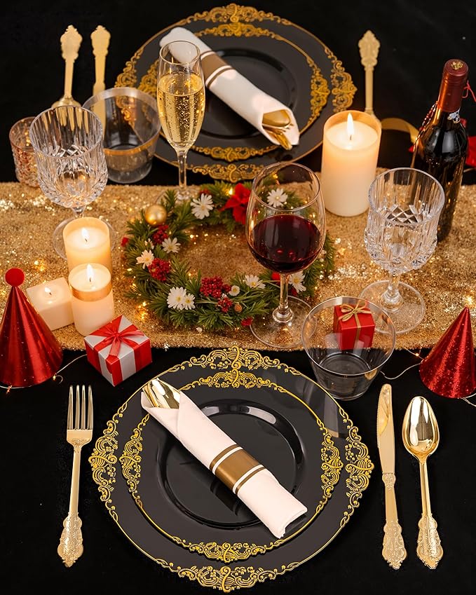 Nervure 350PCS Black Plastic Plates - Black Plastic Dinnerware Sets for 50 Guests - 100 Disposable Plates, 150 Gold Silverware, 50 Cups, 50 Napkins for Wedding & Party & Halloween