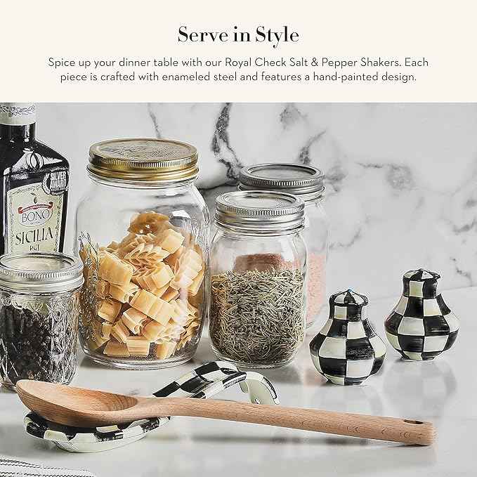 MACKENZIE-CHILDS Enamel Salt and Pepper Shakers, Kitchen Table Spice Shaker Set, Black-and-White Courtly Check, Small