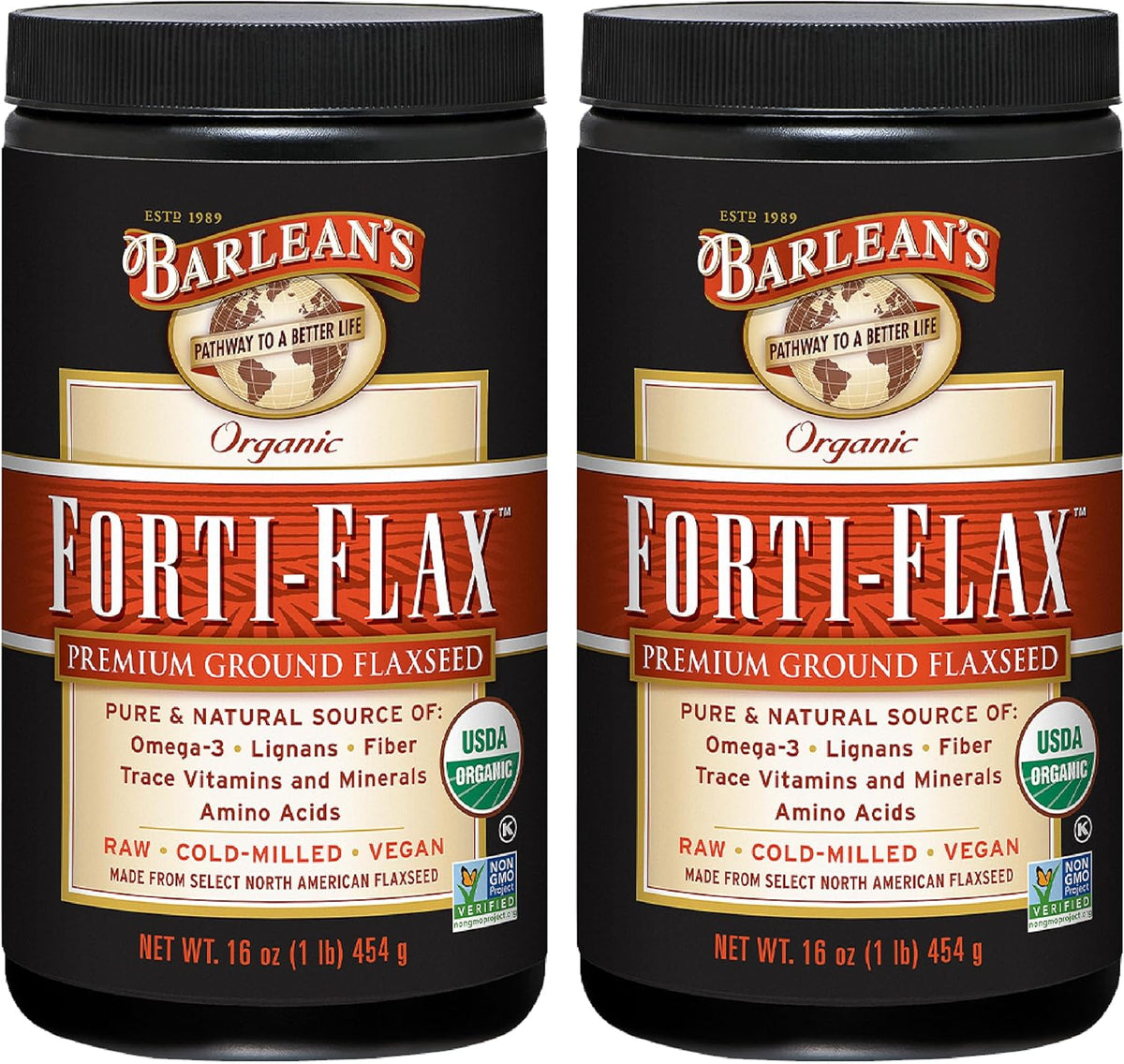 Barlean's Forti-Flax Organic Flaxseed, Ground Whole Raw Seeds, Omega-3 Supplement with Lignans and Dietary Fiber, Bulk Ground Flax Seed, 16 oz, 2 Pack