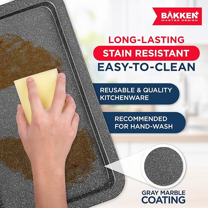BAKKEN Kitchen Baking Pans - Nonstick Gray Coating, 13.18’’ × 8.66’’ Commercial Grade Carbon Steel Cookie Sheet, Baking Kitchen Essentials, PFOA, PFOS, PTFE Free, Oven Safe Tray (450° F), Gray