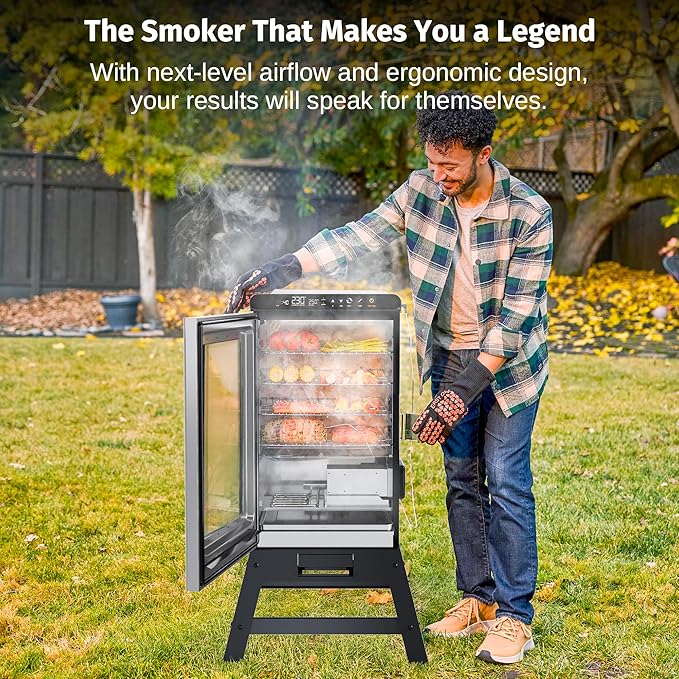 EAST OAK Ridgewood Pro Max Electric Smoker with Leg Kit, Built-in Meat Probe &Side Wood Chip Loader Up to 6× Longer Smokes, Adjustable Temperature Control Smoke More with 725 sq in Cooking Area