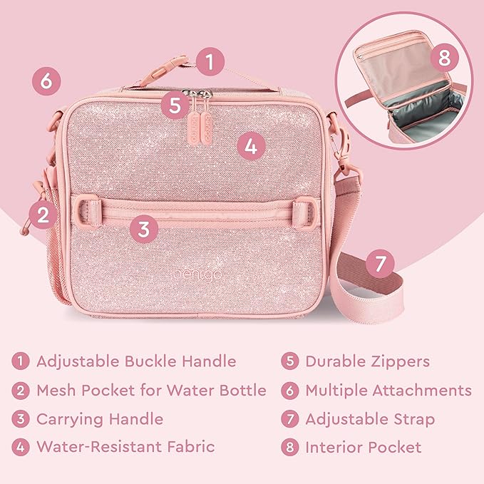 Bentgo Kids Lunch Bag - Double-Insulated, Reusable Lunch Bag for Kids 3+ with Adjustable Strap; Holds Lunch Box/Water Bottle/Snacks; Easy-Clean, Water-Resistant & Pockets (Glitter - Petal Pink)