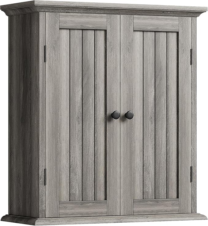 ChooChoo Bathroom Wall Cabinet, Over The Toilet Space Saver Storage Cabinet, Farmhouse Medicine Cabinet with 2 Doors and Adjustable Shelves, Cupboard, Retro Grey