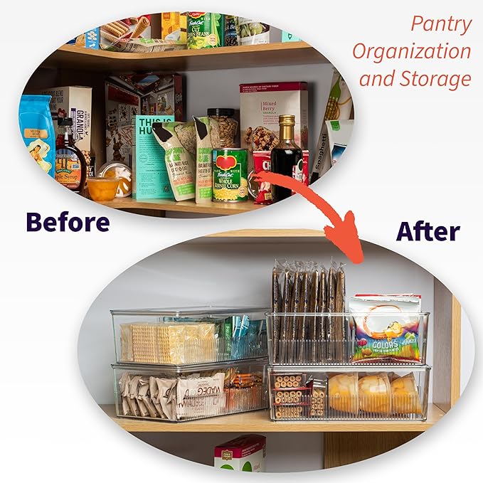 ClearSpace Pantry Organization and Storage Bins with Removable Dividers & Lids – Perfect Pantry Organizers or Kitchen Organization – Refrigerator Organizer Bins, Cabinet Organizers, 4 Pack