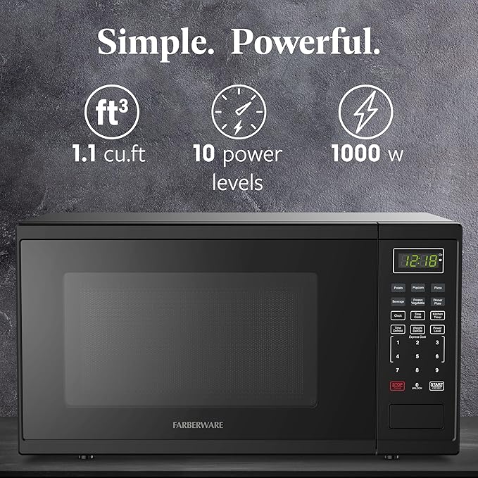 Farberware 1.1 Cu. Ft. Countertop Microwave Oven – 1000 Watts Power, Auto Cook Settings, Defrost, Easy Clean and Child Safety Lock - Black