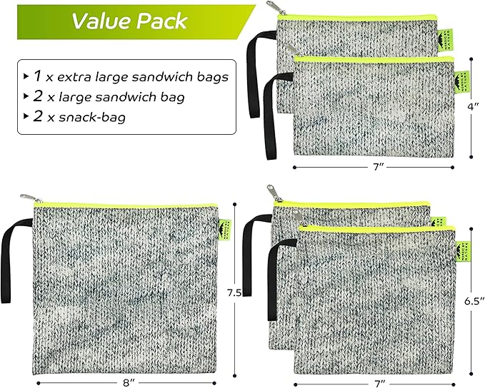 Nordic By Nature Reusable Sandwich Bag Snack Bags - Value Pack of 5 Dual Layer Lunch Baggies - Dishwasher Safe - Eco Friendly Cloth Wraps - Easy Open Zipper (Grey/Neon)