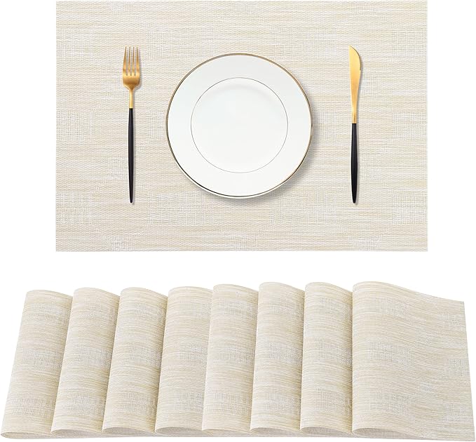 Leetaltree Wheat Placemats Set of 8 - Heat Resistant Non-Slip Place mats for Dining Table, Washable Durable PVC Vinyl Woven Table Mats（Wheat, 8）