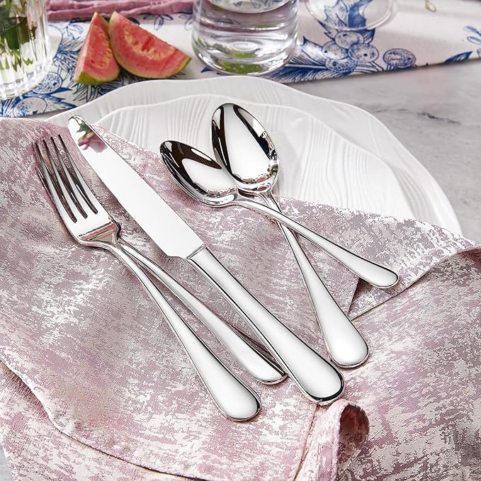 KEAWELL Premium Verona 45-Piece Silverware Set for 8 – Heavy Duty 18/10 Stainless Steel, Brilliant Mirror Finish, Smooth Edges, Dishwasher Safe (45, Silver)