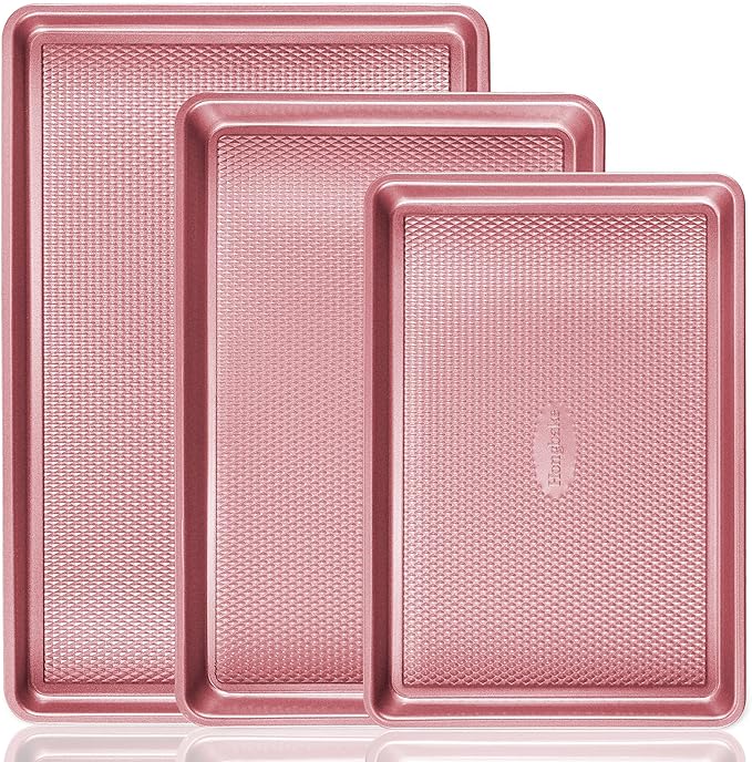 HONGBAKE Baking Sheet Pan Set, Cookie Sheets for Oven, Nonstick Half/Quarter/Jelly Roll Pans with Diamond Texture Pattern, Heavy Duty Cookie Tray, Pink