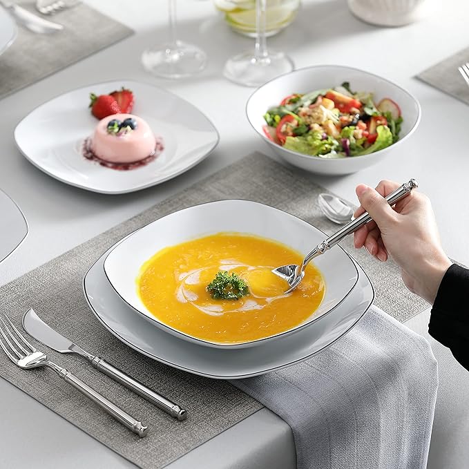MALACASA Dinnerware Sets, 24 Piece Porcelain Square Dishes, White with Black Rim Plates and Bowls Sets, Ceramic Dish Set for 6, Chip Resistant Dishware Sets, Series ELISA