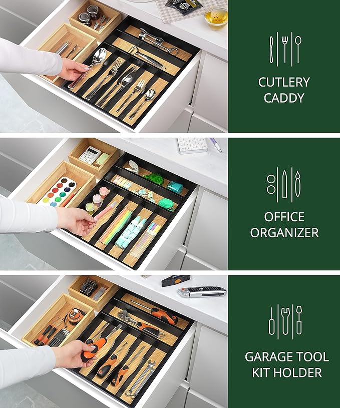 ROYAL CRAFT WOOD Luxury Bamboo Kitchen Drawer Organizer - Silverware Organizer - Utensil Holder and Cutlery Tray with Grooved Drawer Dividers for Flatware and Kitchen Utensils (7 Slot)