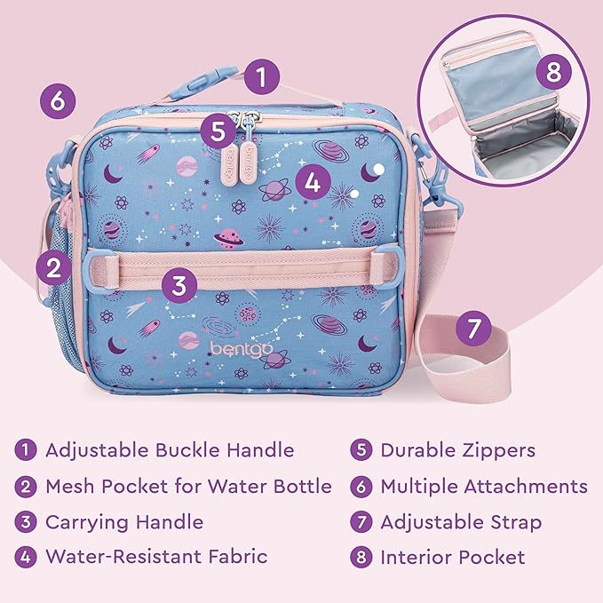 Bentgo Kids Lunch Bag - Durable, Double-Insulated Lunch Bag for Kids 3+; Holds Lunch Box, Water Bottle, & Snacks; Easy-Clean Water-Resistant Fabric & Multiple Zippered Pockets (Lavender Galaxy)