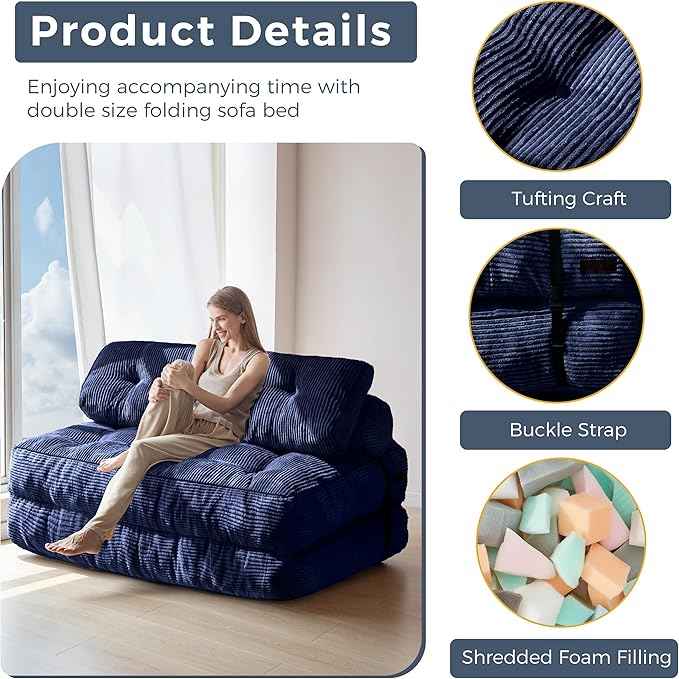 MAXYOYO Folding Sofa Bed, Convertible Sleeper Chair with Pillow Foldable Matress with Back Support, Portable Fold Out Chair Bed Comfy Floor Sofa Lounge for Living Room Bedroom, Navy Double