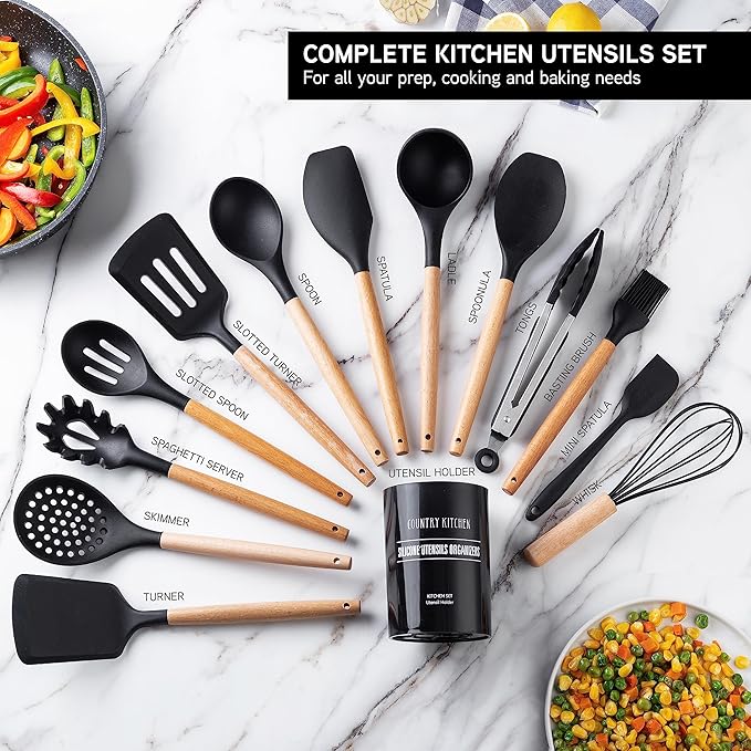 Country Kitchen Non Stick Silicone Utensil Set with Rounded Wood Handles for Cooking and Baking, 14 Piece Set, Black
