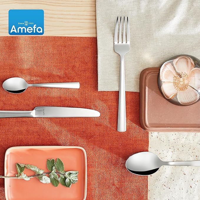 Amefa 45-Piece Silverware Flatware Cutlery Set Service for 8, Durable 18/10 Stainless Steel High Gloss Mirror Finish, tableware in Ergonomic Design Size and Weight, Dishwasher Safe (Moderno)