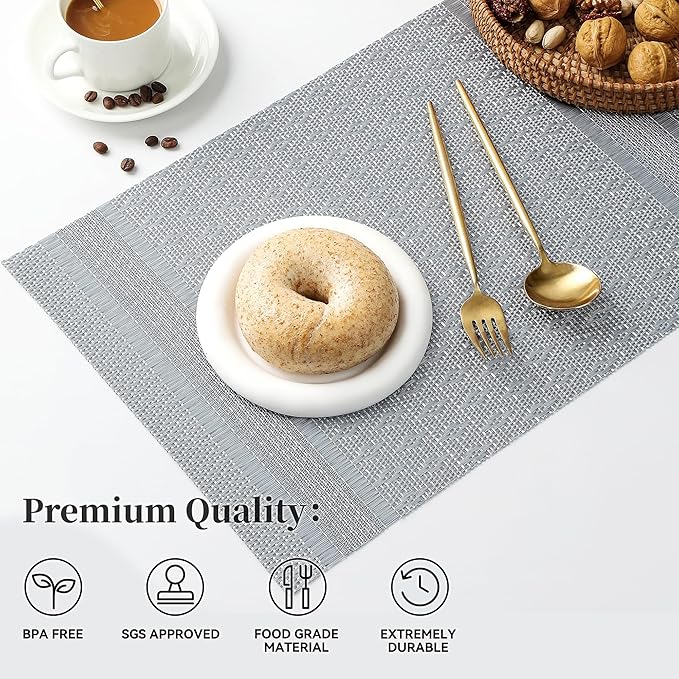 Leetaltree Lunar Grey Placemats Set of 6 - Heat Resistant Non-Slip Place mats for Dining Table, Washable Durable PVC Vinyl Woven Table Mats（Lunar Grey, 6）