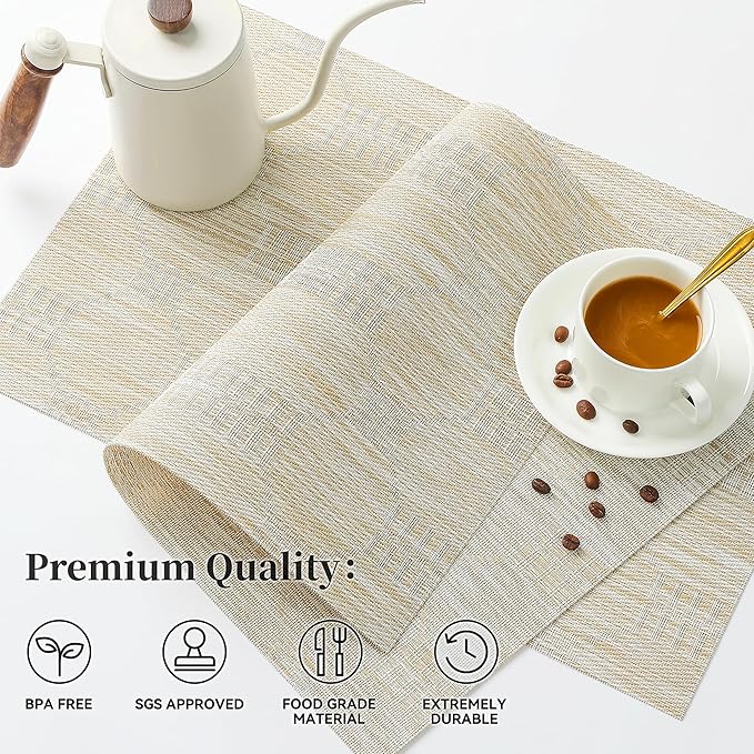 Leetaltree Wheat Placemats Set of 12 - Heat Resistant Non-Slip Place mats for Dining Table, Washable Durable PVC Vinyl Woven Table Mats（Wheat, 12）